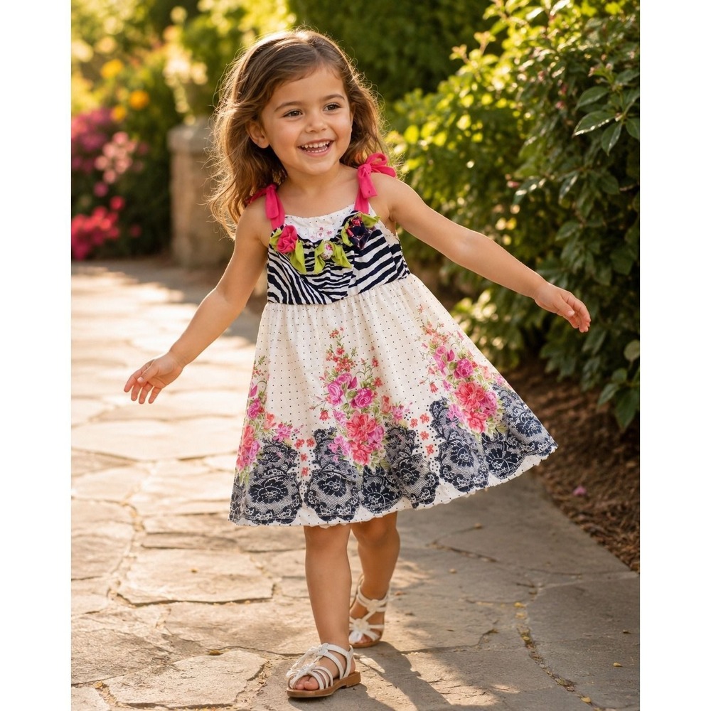 Vintage Koko Los Angeles Girls Floral Zebra Print Sundress Size 4